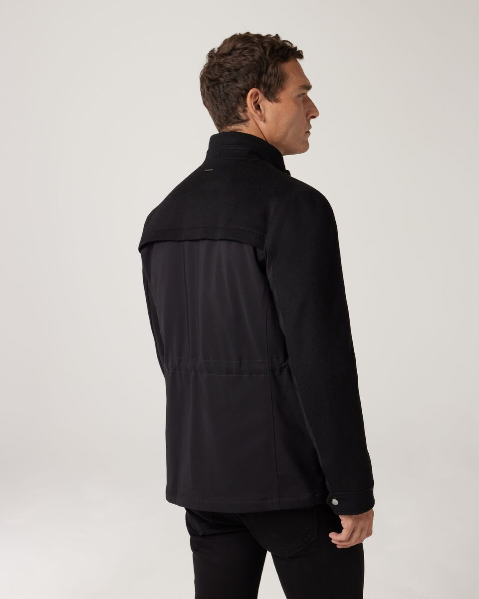 Funnel Neck Contrast Wool Blend And Tech Fabric Coat, Black, hi-res